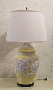 lot 69 image: Vintage chinoiserie latte color ginger jar style lamp with frosting design &  fabric shade
