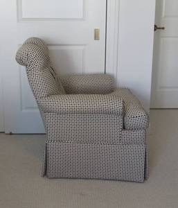 lot 55 image: Chair and footstool, extra designer fabric on roll and alternative fabrics for footstool cover or pillow