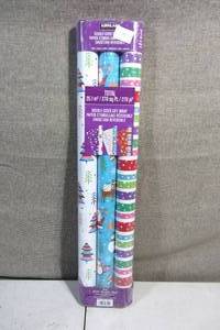 lot 102 image: KIRKLAND SIGNATURE BRIGHT DOUBLE SIDED GIFT WRAP 3 PACK, Santa Snowmen