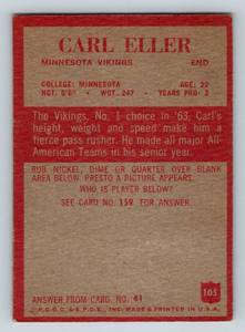 lot 9 image: Carl Eller RC - 1965 Philadelphia #105 Vintage Minnesota Vikings Rookie Card