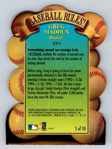 lot 40 image: Greg Maddux Rare Die Cut - 1997 Fleer Ultra Baseball Rules #5 Baseball Card