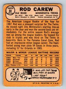 lot 44 image: Rod Carew Rookie Cup 1968 Topps #80 Vintage Minnesota Twins Baseball Card, low grade