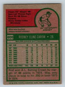 lot 48 image: Rod Carew 1975 Topps #600 Vintage Minnesota Twins Baseball Card