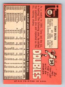 lot 85 image: Tony Oliva 1969 Topps #600 Minnesota Twins Vintage Baseball Card