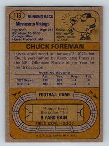 lot 114 image: Chuck Foreman RC - 1974 Topps #113 Vintage Rookie Minnesota Vikings Football Card