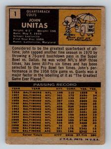 lot 142 image: Johnny Unitas 1971 Topps #1 Vintage Football Card