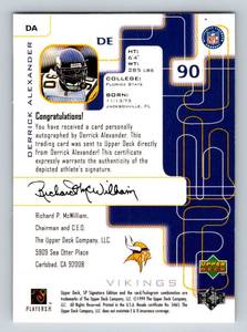 lot 171 image: Derrick Alexander Auto Card - 1999 Upper Deck SP Signature Edition #DA Minnesota Vikings Football Card