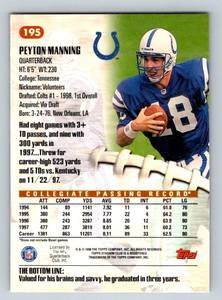 lot 180 image: Peyton Manning RC - 1998 Topps Stadium Club #195 Rookie Football Card
