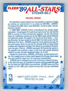 lot 207 image: Michael Jordan 1989 Fleer All-Star Sticker #3 Vintage Basketball Card