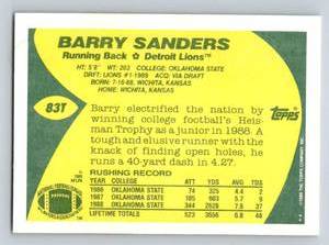 lot 122A image: Barry Sanders RC - 1989 Topps Traded #83T Vintage Rookie Football Card