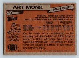 lot 127A image: Art Monk RC - 1981 Topps #194 Rookie Vintage Football Card