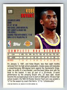 lot 187A image: Kobe Bryant 2nd Year Card 1997 Topps #171, super sharp basketball card