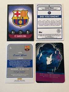 lot 223 image: Lionel Messi 4 Soccer Card Lot - Topps Crystal #122, 2016-17 Donruss #29, 2022 Topps Merlin # 30, FCB #BAR1 Soccer Cards