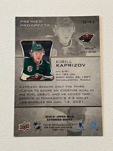 lot 222 image: Kirill Kaprizov RC - 2020-21 UD Ectended Series Ovation Premier Prospects #O-41 Rookie Minnesota Wild Hockey Card