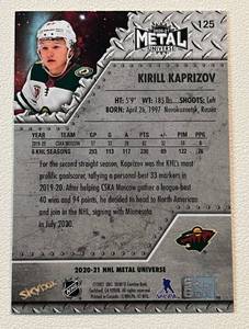 lot 218 image: Kirill Kaprizov RC - 2020-21 Metal Universe #125 Rookie Minnesota Wild Hockey Card