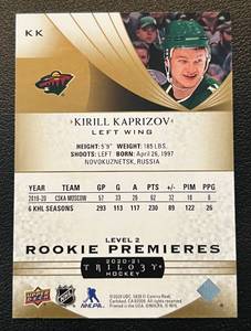 lot 215 image: Kirill Kaprizov RC numbered 402499 - 2020-21 UD Trilogy Rookie Premieres Level 2, rare Minnesota Wild Hockey Card