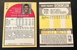 lot 208 image: David Robinson 2 Card Rookie Lot - 1990 Hoops #270 and 1990 Fleer #172 Basketball Cards