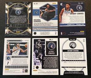 lot 190 image: Anthony Edwards 6 Card Rookie Lot - Select #61, Mosaic #2101, Chronicles Essentials #203, Chronicles Luminance #143, Illusions #7, Hoops #216