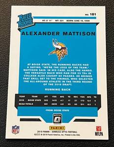 lot 176 image: Alexander Mattison RC - 2019 Donruss Optic Rated Rookie #181 Minnesota Vikings Football Card