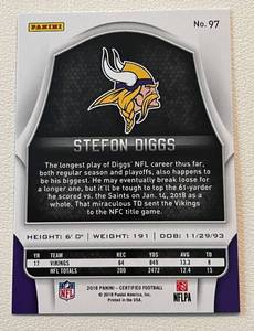 lot 174 image: Stefon Diggs 56225 Foil 2018 Certified #97 rare card only 225 made, Minnesota Vikings Football