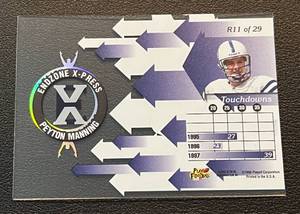 lot 168 image: Peyton Manning RC 1998 Playoff Momentum Rookie Endzone X-Press Insert Card #11 Football