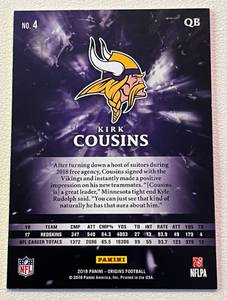 lot 166 image: Kirk Cousins 5999 2018 Origins #4, rare numbered 99 only 99 made, Minnesota Vikings Football Card