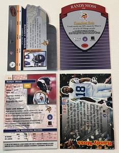 lot 165 image: Randy Moss 4 Card Insert Lot - 2001 Pacific Prism Atomic #79, 1999 Bowmans Best Franchise #FB9, 1999 Topps Finest #50, 1998 Fleer Ultra Caught in the Draft RC #8 Minnesota Vikings Football Cards