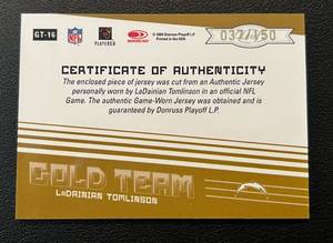 lot 162 image: LaDanian Tomlinson 037150 Relic Patch Card - 2004 Donruss Playoff Leaf Certified Gold Team, rare only 150 made Football Card