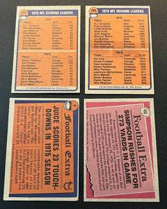 lot 160 image: OJ Simpson 4 Card Lot - 1975 Topps Record Breaker #453, 1976 Topps Recors Breaker #1, Rushing Leaders #203, Scoring Leaders #204 with Chuck Foreman - Vintage Football Cards