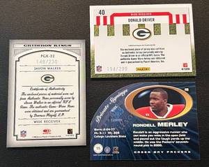 lot 158 image: Green Bay Packers 3 Card Auto  Patch  Numbered Lot - Donald Driver 194299 Patch, Javon Walker 148230 Patch, Rondell Mealey Auto Card