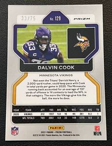 lot 157 image: Dalvin Cook Green Prizm 3375 numbered with his jersey number 33, only card like this - 2021 Prizm #129 Minnesota Vikings Football Card