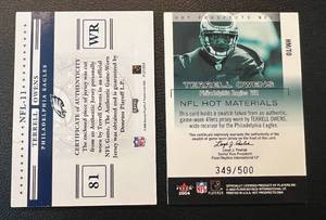 lot 156 image: Terrell Owens 2 Card Numbered Patch Lot 2004 Fleer Hot Prospect Materials #HMTO numbered 349500, 2006 Donruss Playroff Prestige Stars of the NFL #NFL-11 Football Cards