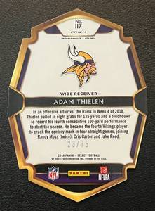 lot 151 image: Adam Thielen 2375 Die Cut Premier Level - 2018 Select Prizm, very rare only 75 made Minnesota Vikings Football Card