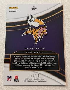 lot 145 image: Dalvin Cook Copper RC 5175 - 2017 Select #279, rare card only 75 made, Minnesota Vikings Football
