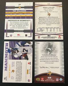 lot 144 image: Minnesota Vikings 4 Card Relic  Patch  Auto  Numbered Lot - Sidney Rice, Jairus Wright Mamouth Patch 5175, Troy Williamson 49107, Greg Childs
