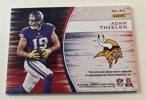 lot 143 image: Adam Thielen Relic Patch - 2018 Rookies and Stars #A-1 NFL Authentic Minnesota Vikings Football Card