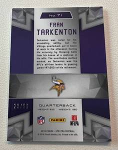 lot 136 image: Fran Tarkenton 99 - 2016 Spectra #71 numbered 2399, rare card only 99 made Minnesota Vikings Football Card