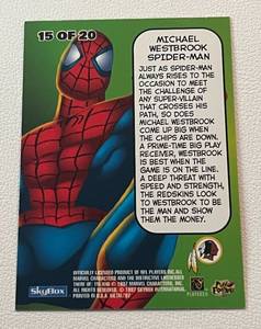 lot 135 image: Michael Westbrook 1997 metal Universe #15 Marvel Spiderman Insert Set, Rare football card