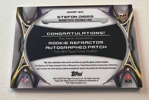 lot 131 image: Stefon Diggs RC RPA Relic Auto - 2015 Topps Finest #RRAP-SD - this card has it all Rookie Card, Auto, Refractor, Game Worn Patch - Rare Minnesota Vikings
