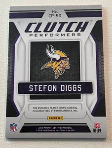 lot 127 image: Stefon Diggs Relic Patch 199 - 2018 Certified Clutch Performers #CP-SD numbered 52199, rare card only 199 made, Minnesota Vikings Football