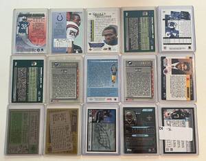 lot 126 image: All-Star and HOF Football Lot of 15 Rookies - Calvin Johnson, Marvin Harrison, Marshall Faulk, Edgerrin James, Reggie Wayne, Revis, Strahan, Bettis, Robert Smith, Seau, Green, Kosar, Mcnabb, Bush, Vick