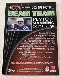 lot 112A image: Peyton Manning Game-Worn Jersey Patch Card - 2008 Beam Team #BTR-PM Football Card