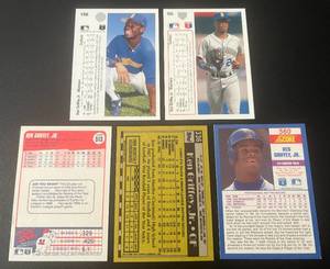 lot 100 image: Ken Griffey Jr. Five Card Lot 1990 UD, 1991 UD, 1990 Score, 1990 Topps, and 1990 Fleer Baseball Cards
