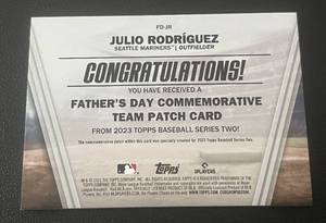 lot 81 image: Julio Rodriguez Fathers Day Commemorative Team Patch Card - 2023 Topps #FD-JR Mariners Baseball Card