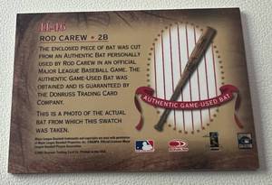 lot 70 image: Rod Carew Game-Used Bat Relic Card - 2001 Donruss Classics Legendary Lumberjacks #LL-46 Minnesota Twins Baseball Card
