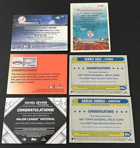 lot 47 image: Lot of 6 PatchRelic Baseball cards - Manny Ramirez, Bernie Williams, Carlos Correa,Barry Bonds, Raphael Devers, and Gerrit Cole