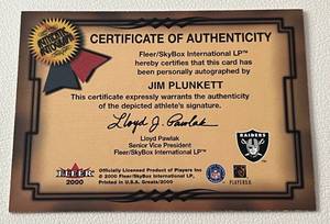 lot 13 image: Jim Plunkett Signed Autographed 2000 Fleer Authentic Greats of the Game Football Card