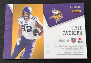 lot 11A image: Kyle Rudolph RPA 50 - 2020 Phoenix numbered 4850 - relic patch and autographed, rare only 50 made Minnesota Vikings Football Card