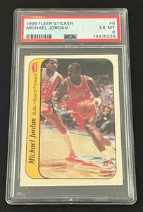 lot 1 image: Michael Jordan RC PSA 6- 1986 Fleer Sticker #8 Rookie Basketball Card