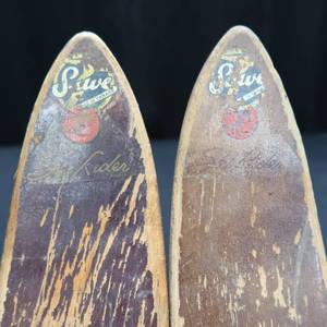 lot 11 image: ANTIQUE WOODEN SKIS MADE OF MAPLE SUWE MADE IN CANADA